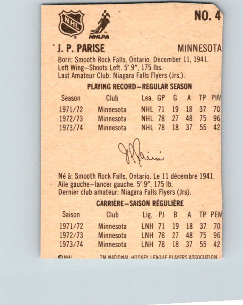 1974-75 Lipton Soup #4 J.P. Parise Minnesota North Stars V32172