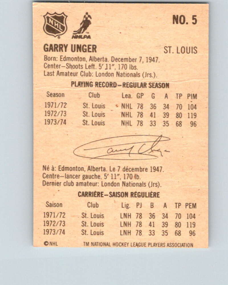 1974-75 Lipton Soup #5 Garry Unger St. Louis Blues V32173