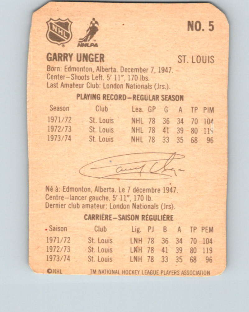 1974-75 Lipton Soup #5 Garry Unger St. Louis Blues V32175