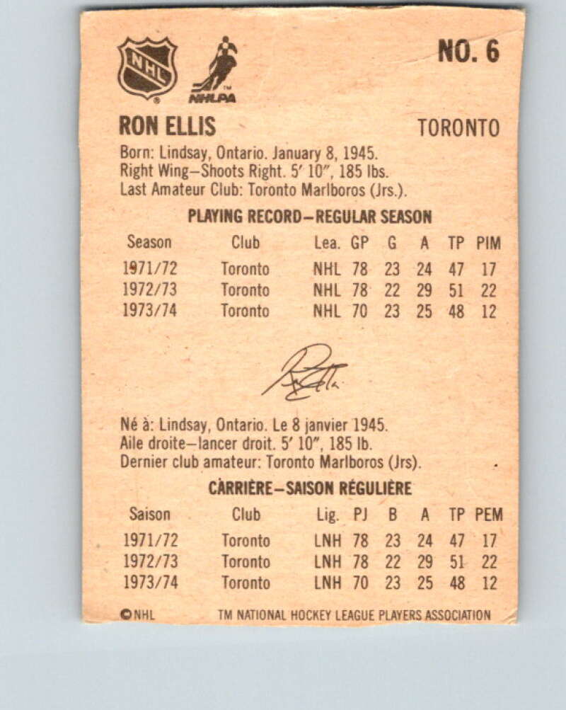 1974-75 Lipton Soup #6 Ron Ellis Toronto Maple Leafs V32178