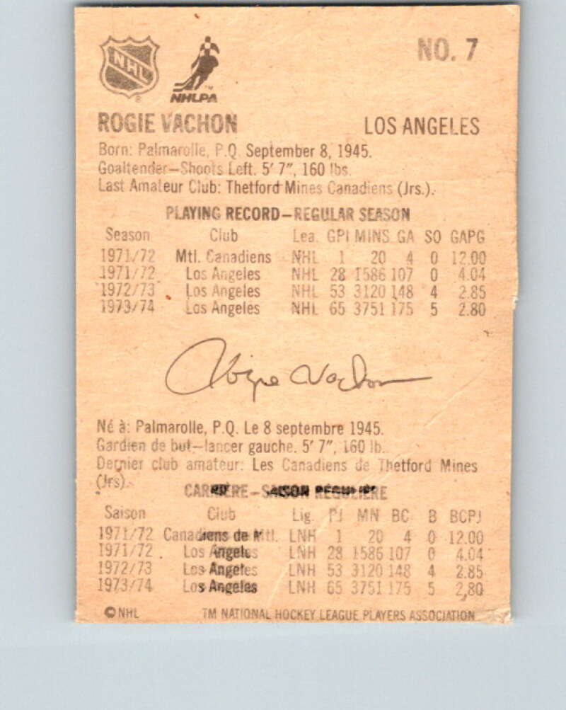1974-75 Lipton Soup #7 Rogie Vachon UER Los Angeles Kings V32179