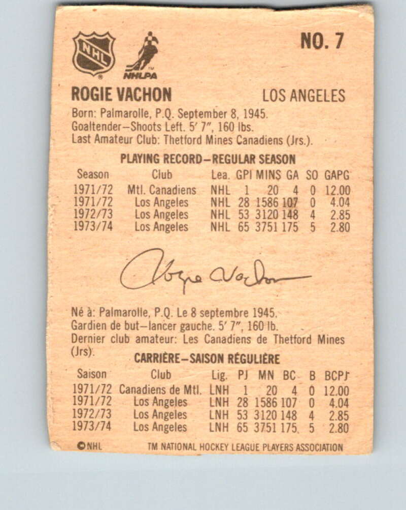 1974-75 Lipton Soup #7 Rogie Vachon UER Los Angeles Kings V32180