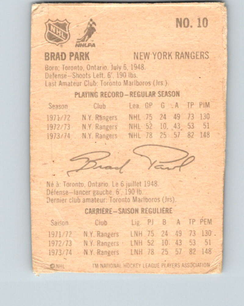 1974-75 Lipton Soup #10 Brad Park New York Rangers V32186