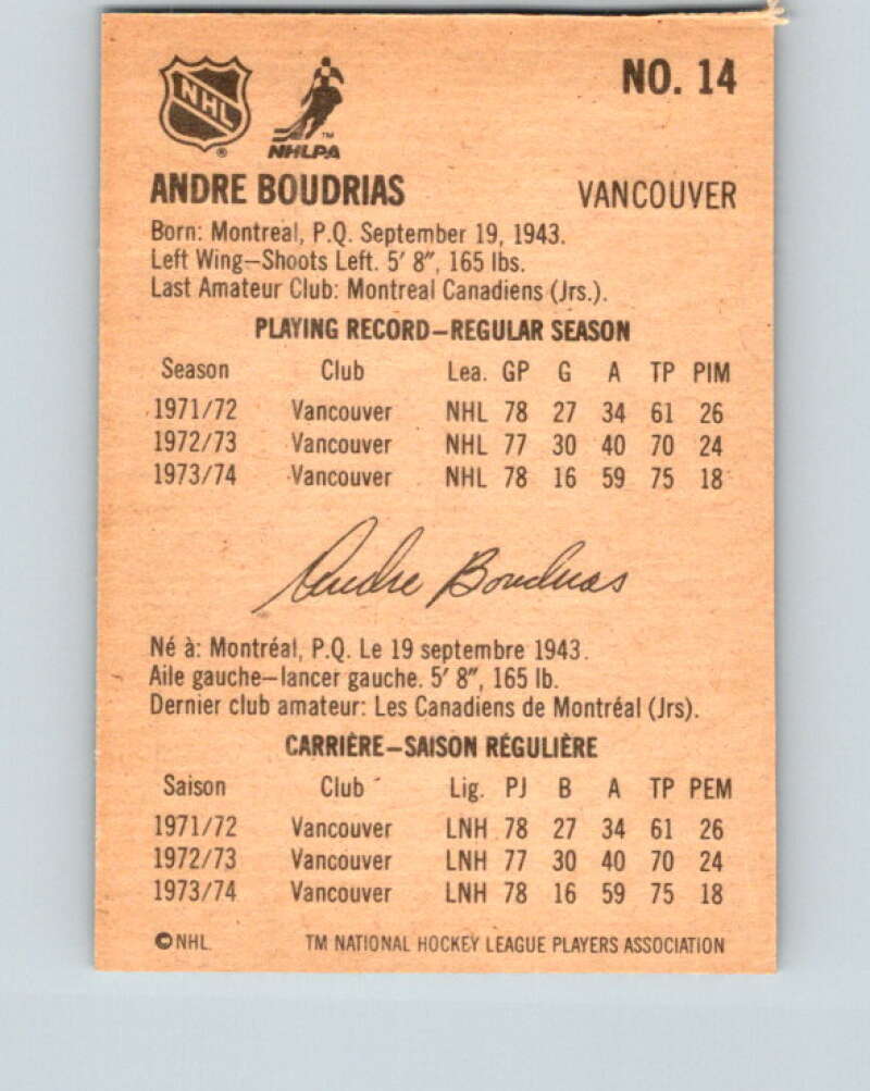 1974-75 Lipton Soup #14 Andre Boudrias  Vancouver Canucks  V32197