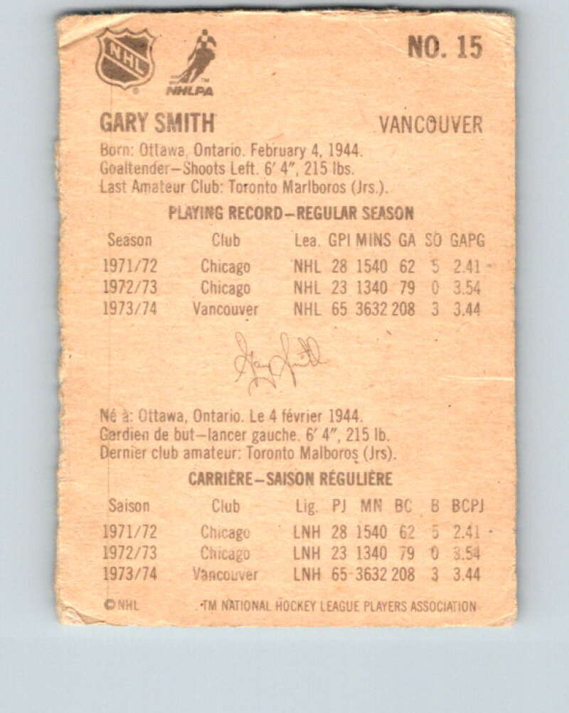 1974-75 Lipton Soup #15 Gary Smith Vancouver Canucks V32199