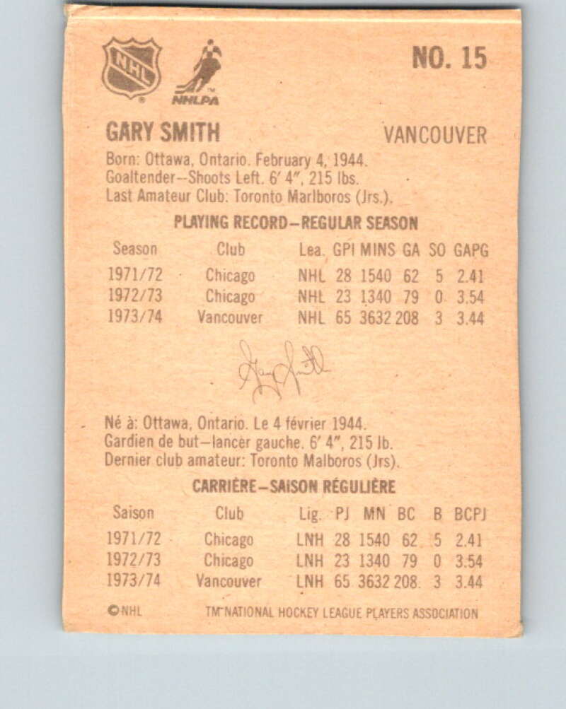 1974-75 Lipton Soup #15 Gary Smith Vancouver Canucks V32200