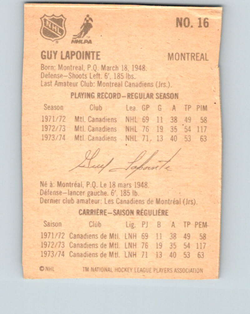 1974-75 Lipton Soup #16 Guy Lapointe Montreal Canadiens V32204