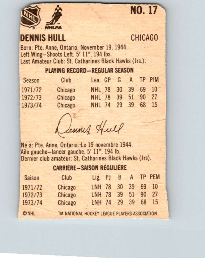 1974-75 Lipton Soup #17 Dennis Hull Chicago Blackhawks V32207