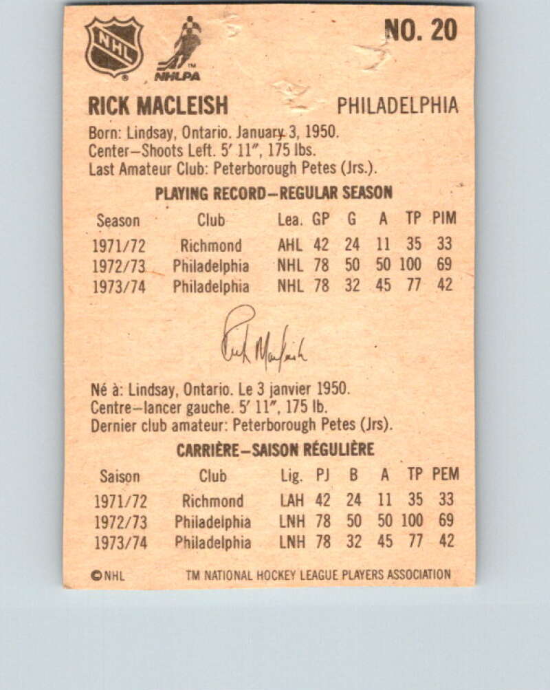 1974-75 Lipton Soup #20 Rick MacLeish Philadelphia Flyers V32213