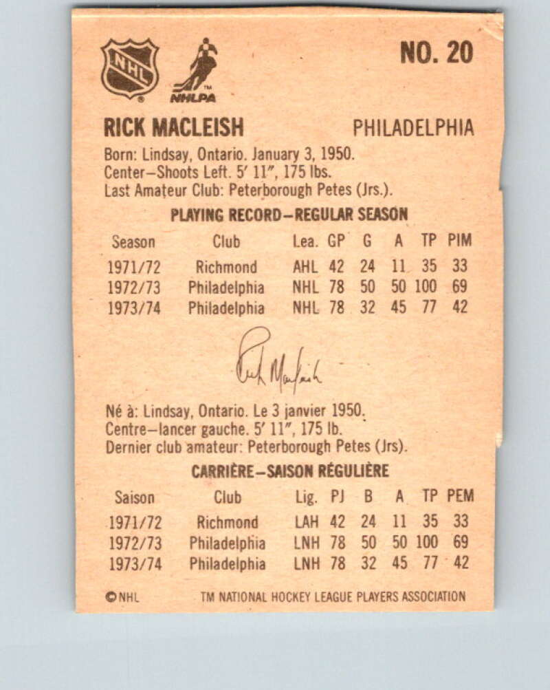 1974-75 Lipton Soup #20 Rick MacLeish Philadelphia Flyers V32214