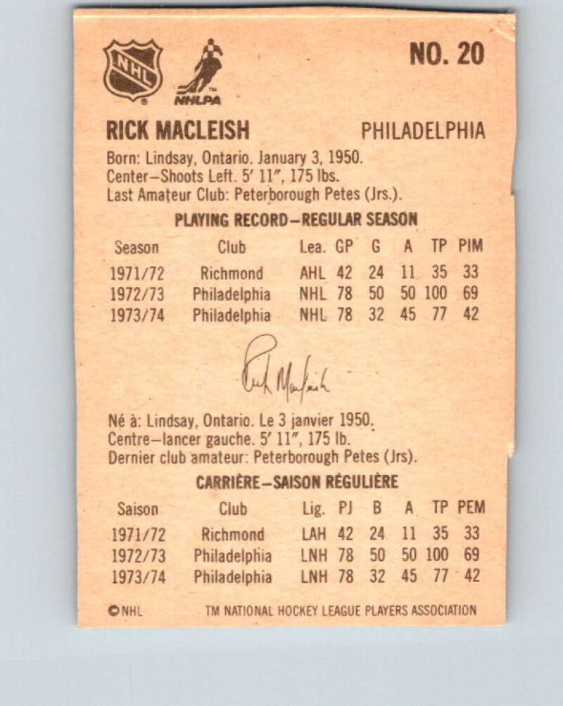 1974-75 Lipton Soup #20 Rick MacLeish  Philadelphia Flyers  V32214
