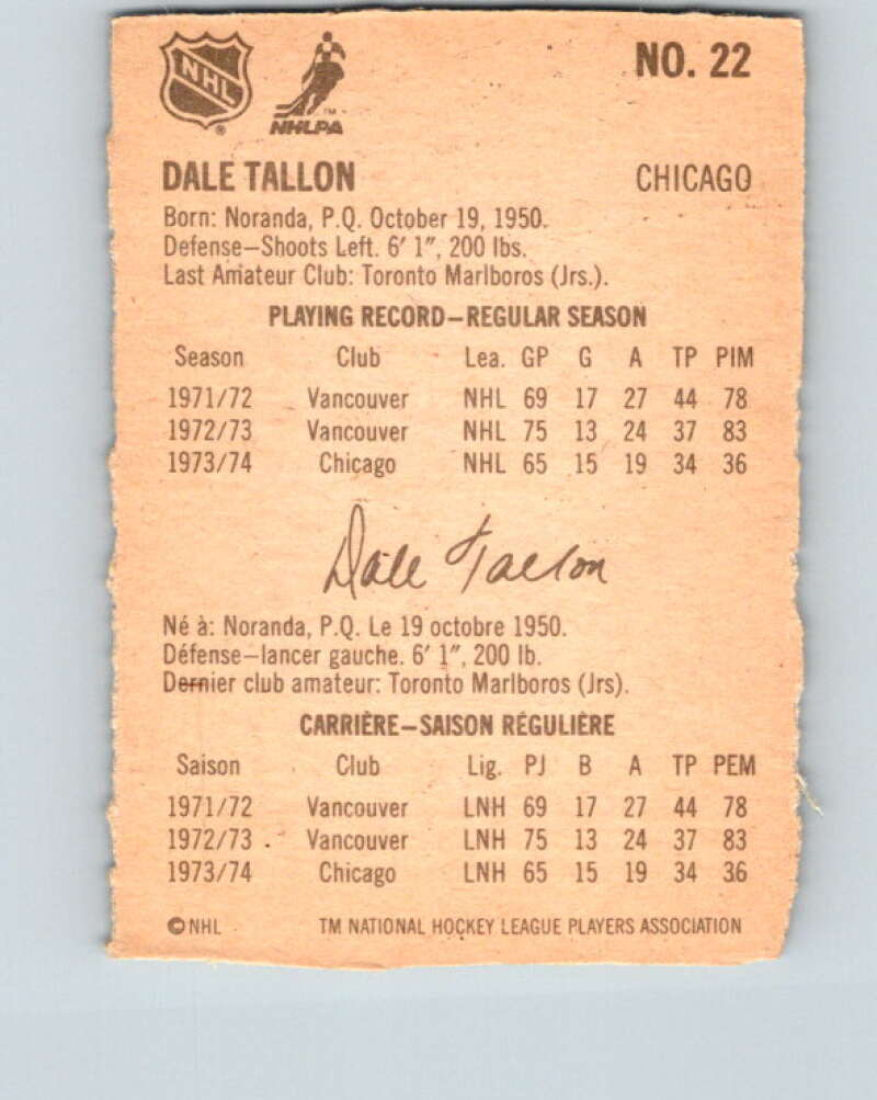 1974-75 Lipton Soup #22 Dale Tallon Chicago Blackhawks V32217