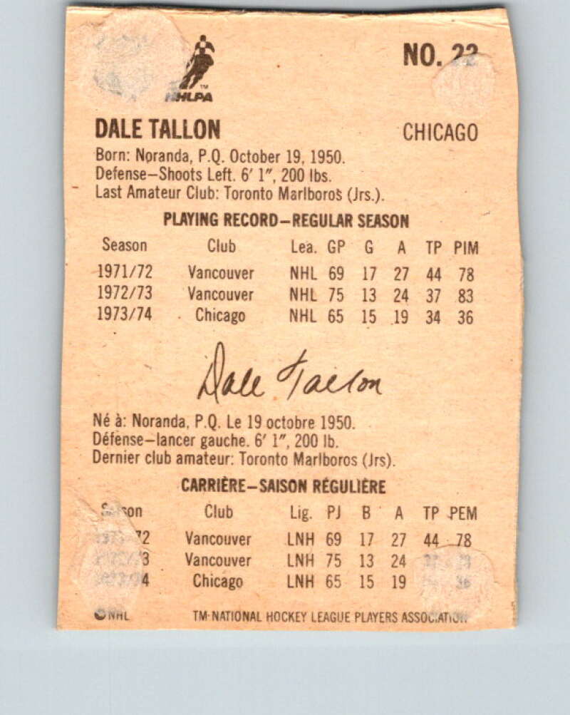 1974-75 Lipton Soup #22 Dale Tallon Chicago Blackhawks V32219