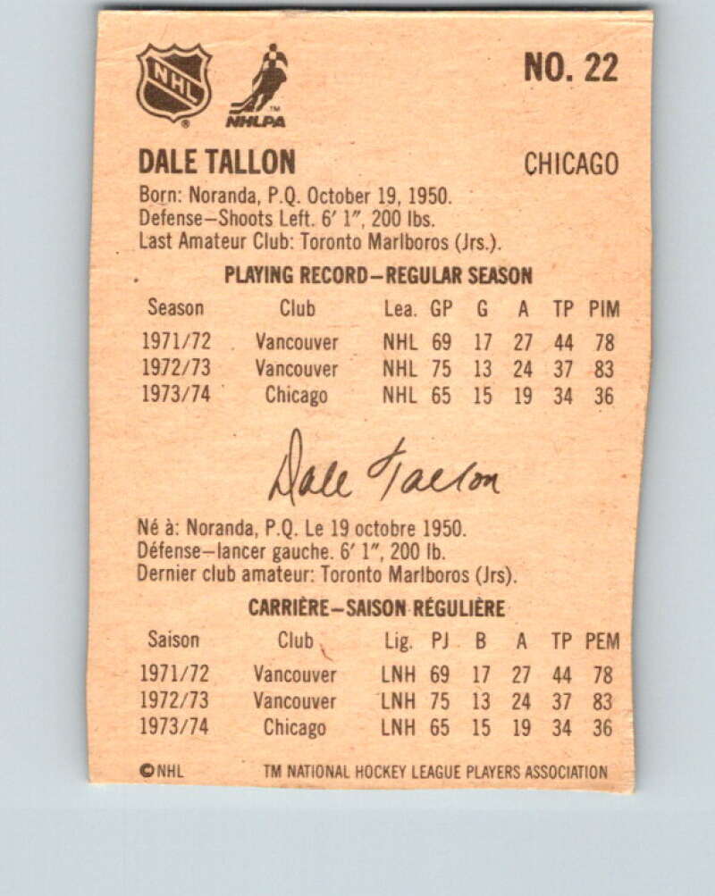 1974-75 Lipton Soup #22 Dale Tallon Chicago Blackhawks V32220