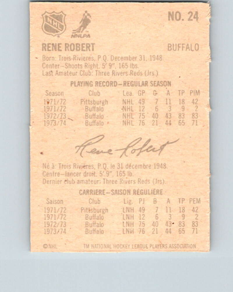 1974-75 Lipton Soup #24 Rene Robert Buffalo Sabres V32223