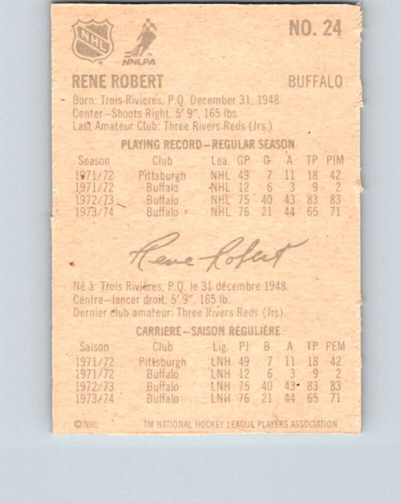 1974-75 Lipton Soup #24 Rene Robert  Buffalo Sabres  V32223