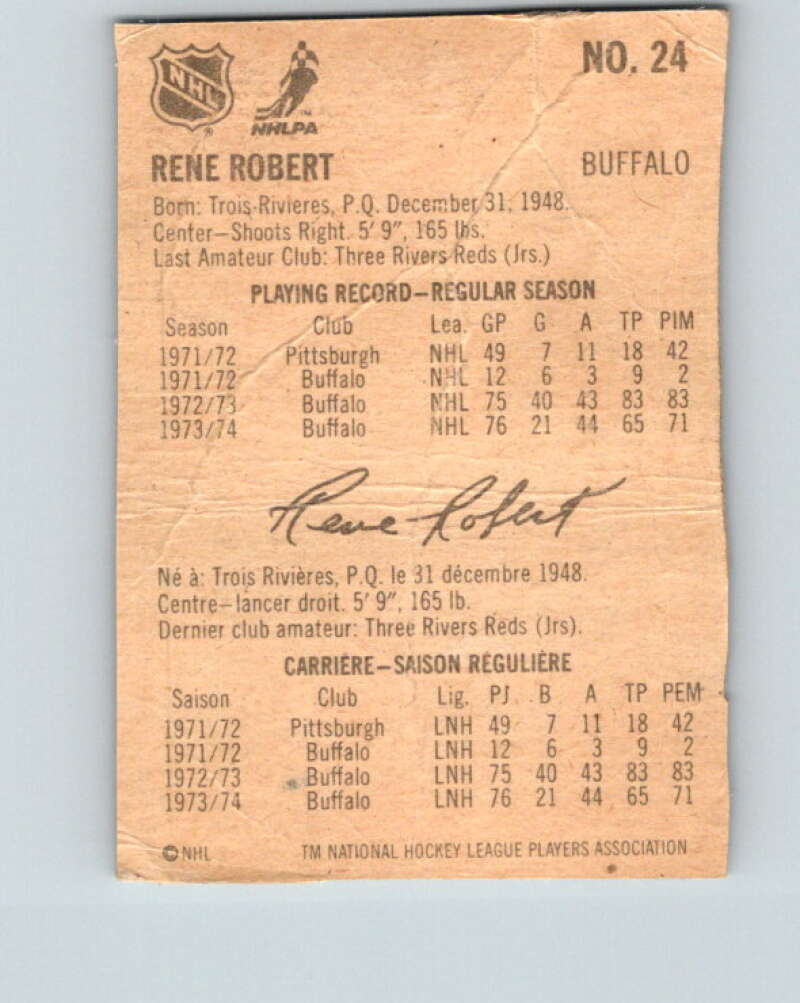 1974-75 Lipton Soup #24 Rene Robert Buffalo Sabres V32224