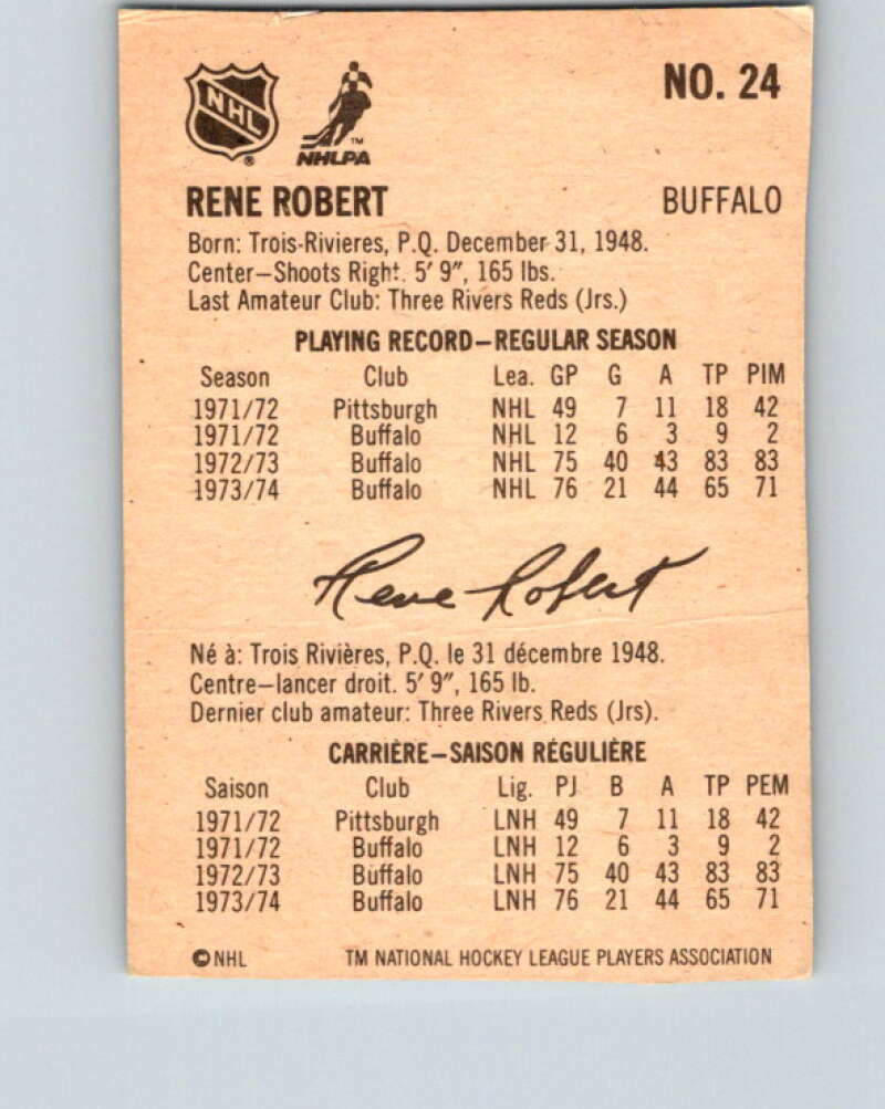 1974-75 Lipton Soup #24 Rene Robert Buffalo Sabres V32225
