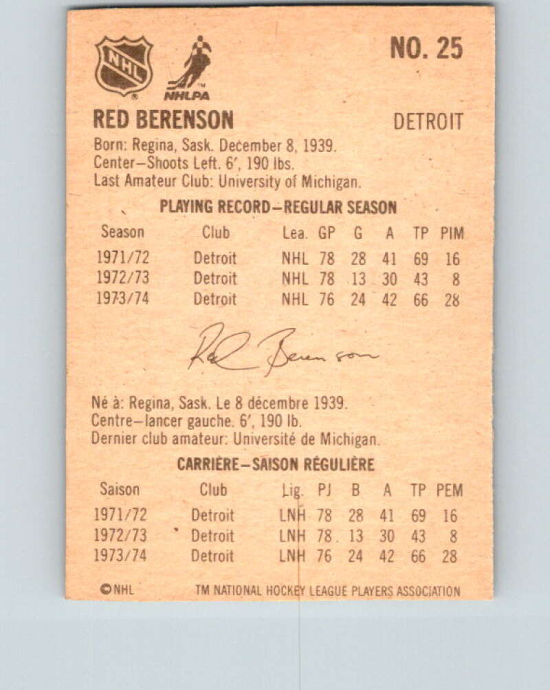 1974-75 Lipton Soup #25 Red Berenson Detroit Red Wings V32228