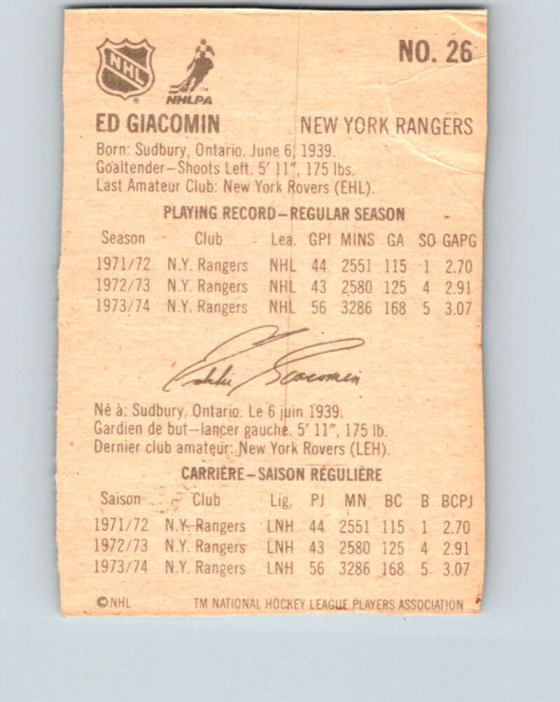 1974-75 Lipton Soup #26 Ed Giacomin New York Rangers V32229