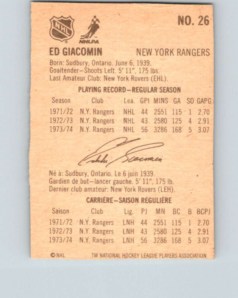 1974-75 Lipton Soup #26 Ed Giacomin New York Rangers V32230