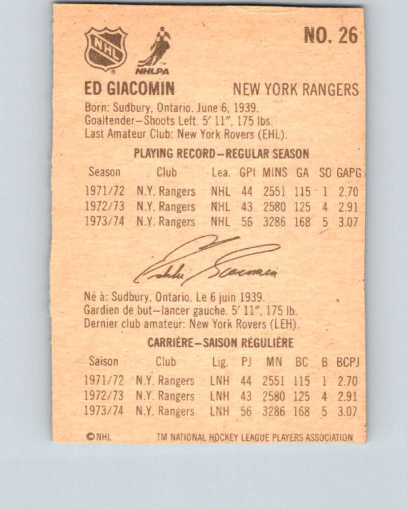 1974-75 Lipton Soup #26 Ed Giacomin  New York Rangers  V32230