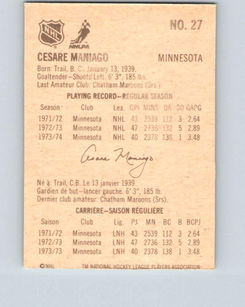 1974-75 Lipton Soup #27 Cesare Maniago Minnesota North Stars V32232