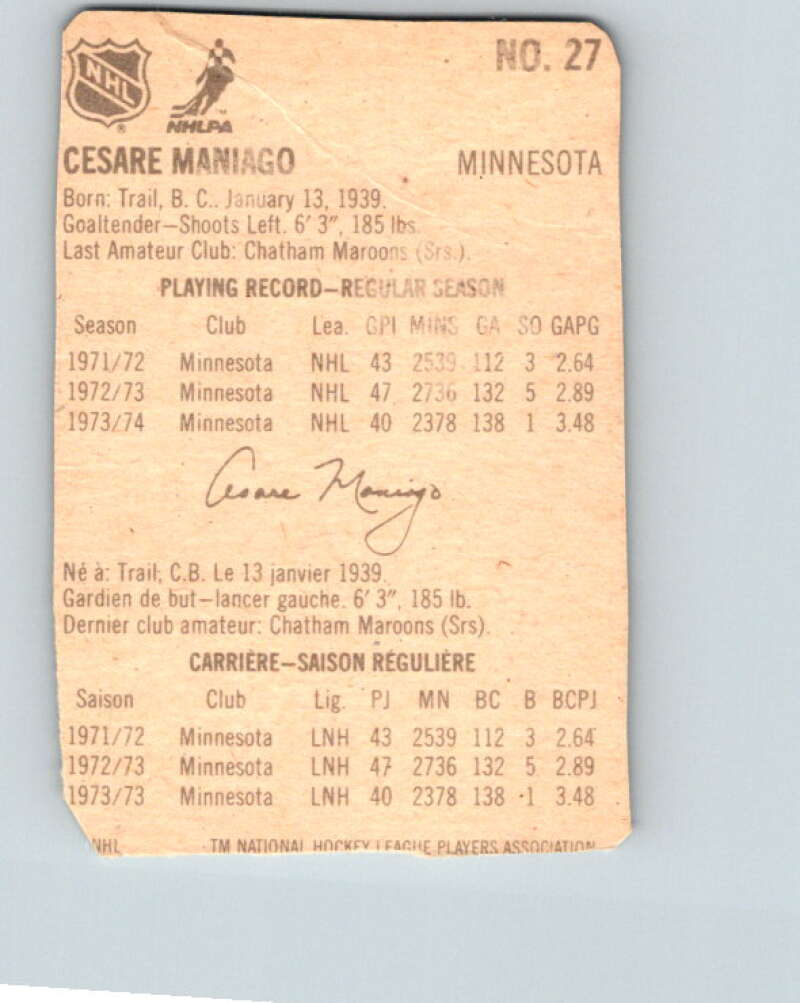 1974-75 Lipton Soup #27 Cesare Maniago Minnesota North Stars V32234