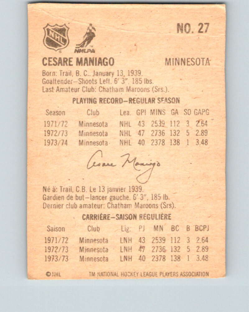 1974-75 Lipton Soup #27 Cesare Maniago Minnesota North Stars V32235