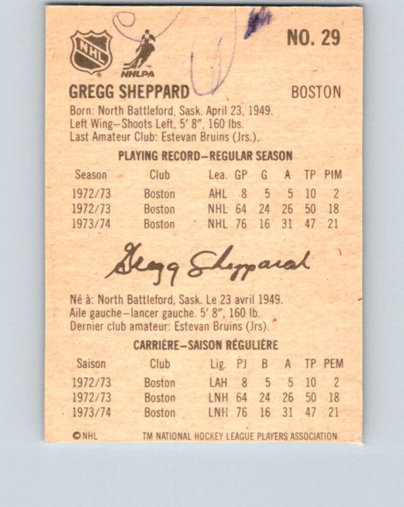 1974-75 Lipton Soup #29 Gregg Sheppard Boston Bruins V32240