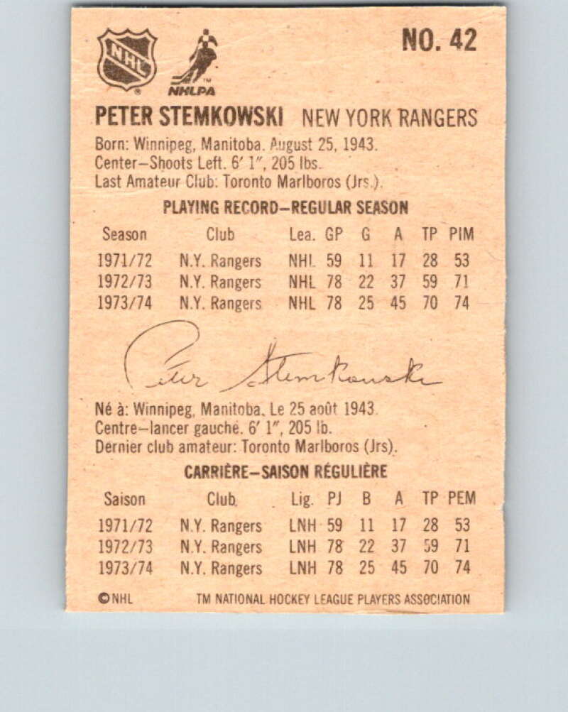 1974-75 Lipton Soup #42 Peter Stemkowski New York Rangers V32270