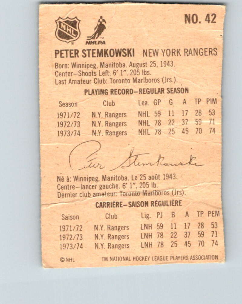 1974-75 Lipton Soup #42 Peter Stemkowski  New York Rangers  V32271