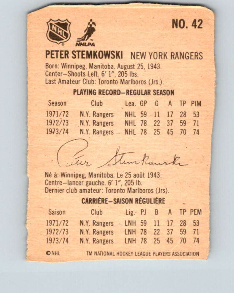 1974-75 Lipton Soup #42 Peter Stemkowski New York Rangers V32272