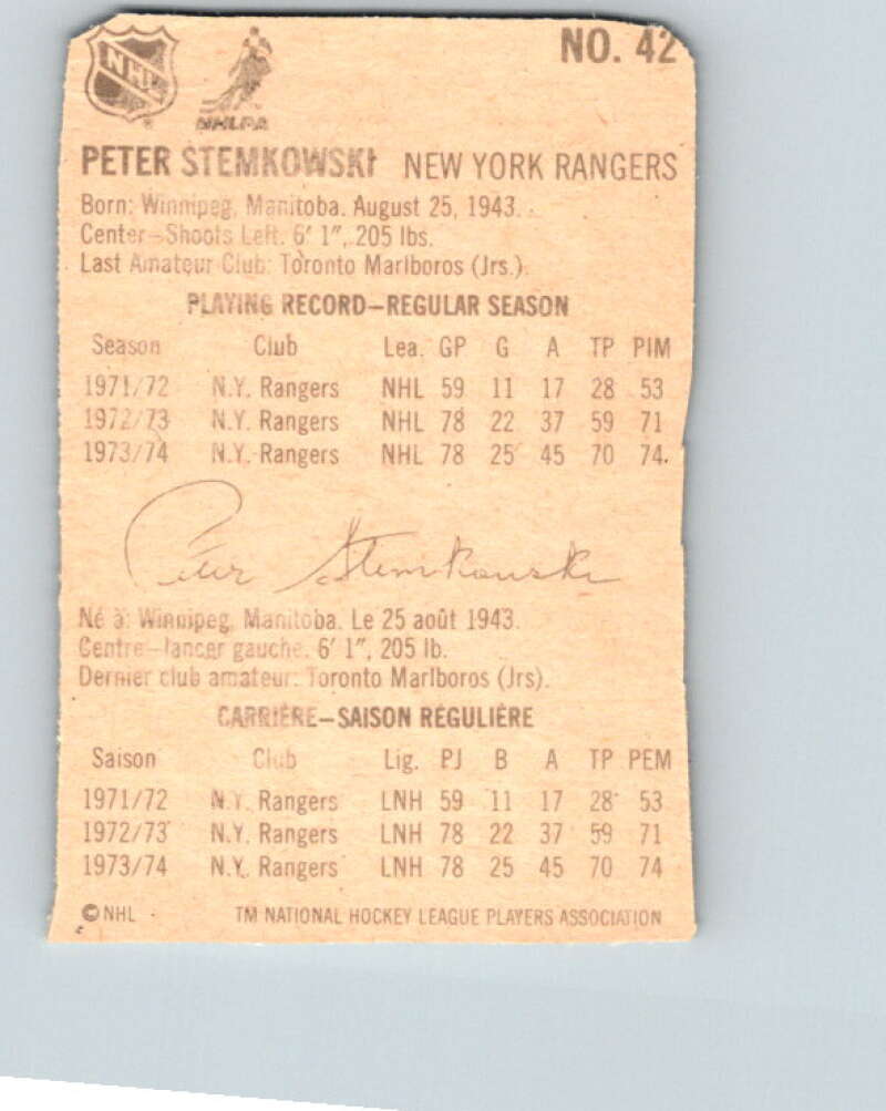 1974-75 Lipton Soup #42 Peter Stemkowski New York Rangers V32273