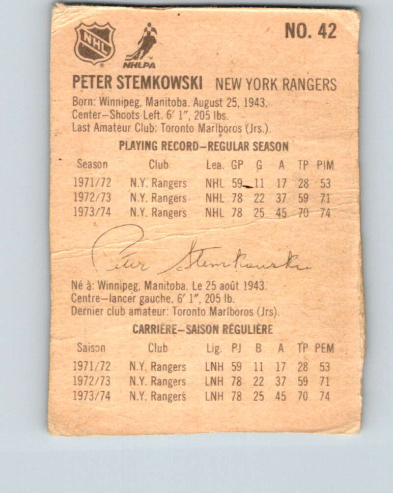 1974-75 Lipton Soup #42 Peter Stemkowski New York Rangers V32274