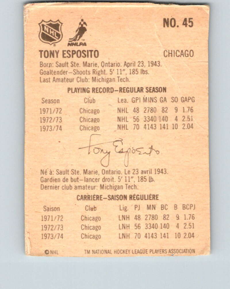 1974-75 Lipton Soup #45 Tony Esposito Chicago Blackhawks V32279
