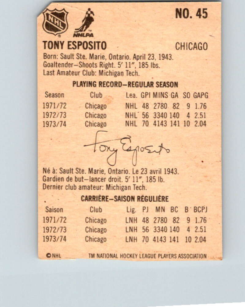 1974-75 Lipton Soup #45 Tony Esposito Chicago Blackhawks V32280