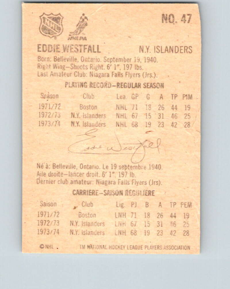 1974-75 Lipton Soup #47 Ed Westfall New York Islanders V32285