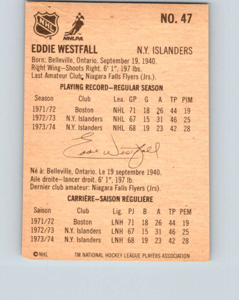 1974-75 Lipton Soup #47 Ed Westfall New York Islanders V32286