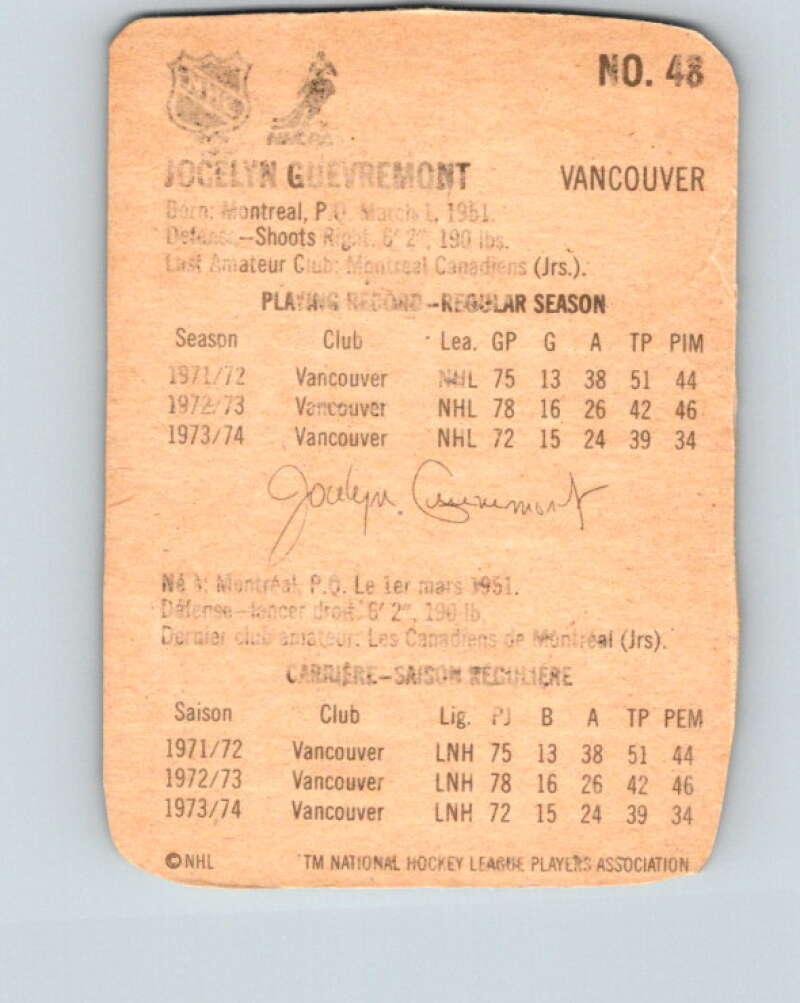 1974-75 Lipton Soup #48 Jocelyn Guevremont  Vancouver Canucks  V32289
