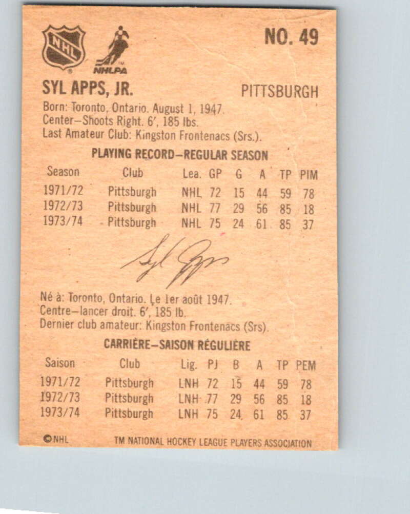 1974-75 Lipton Soup #49 Syl Apps Jr. Pittsburgh Penguins V32290