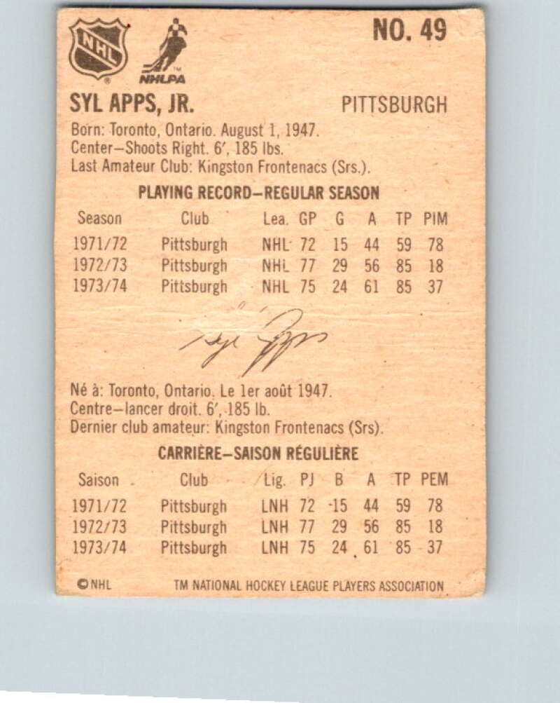 1974-75 Lipton Soup #49 Syl Apps Jr. Pittsburgh Penguins V32291