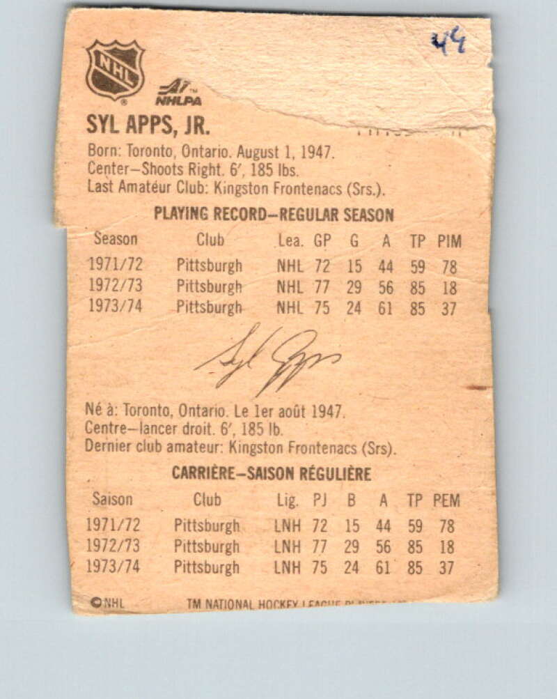 1974-75 Lipton Soup #49 Syl Apps Jr. Pittsburgh Penguins V32292