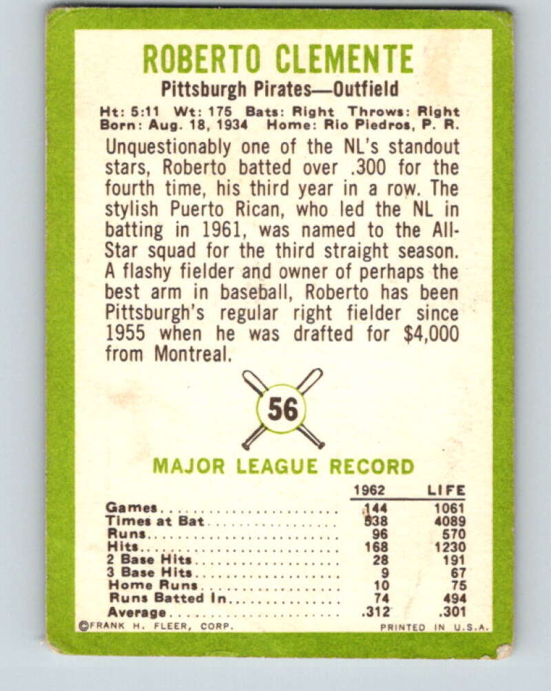 1963 Fleer #56 Roberto Clemente Pittsburgh Pirates V32303