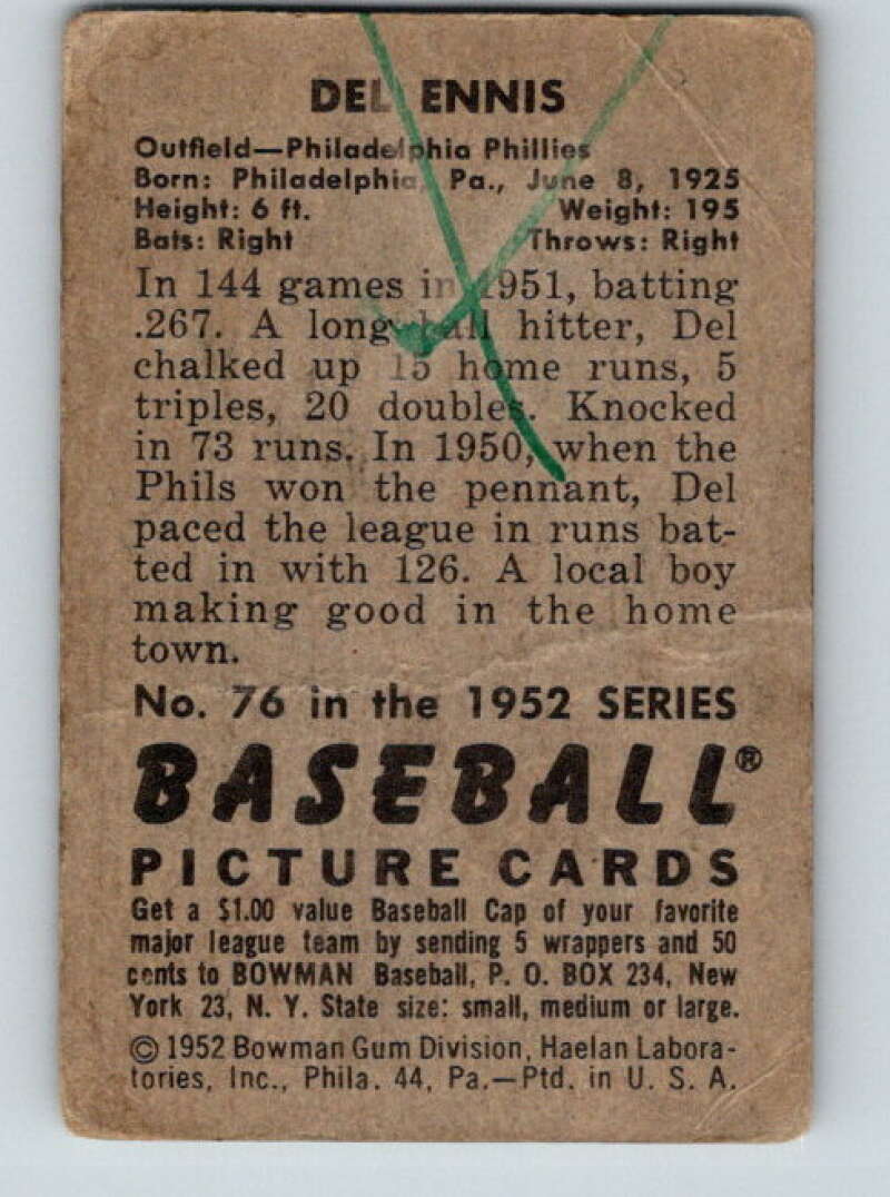 1952 Bowman #76 Del Ennis Philadelphia Phillies V32310