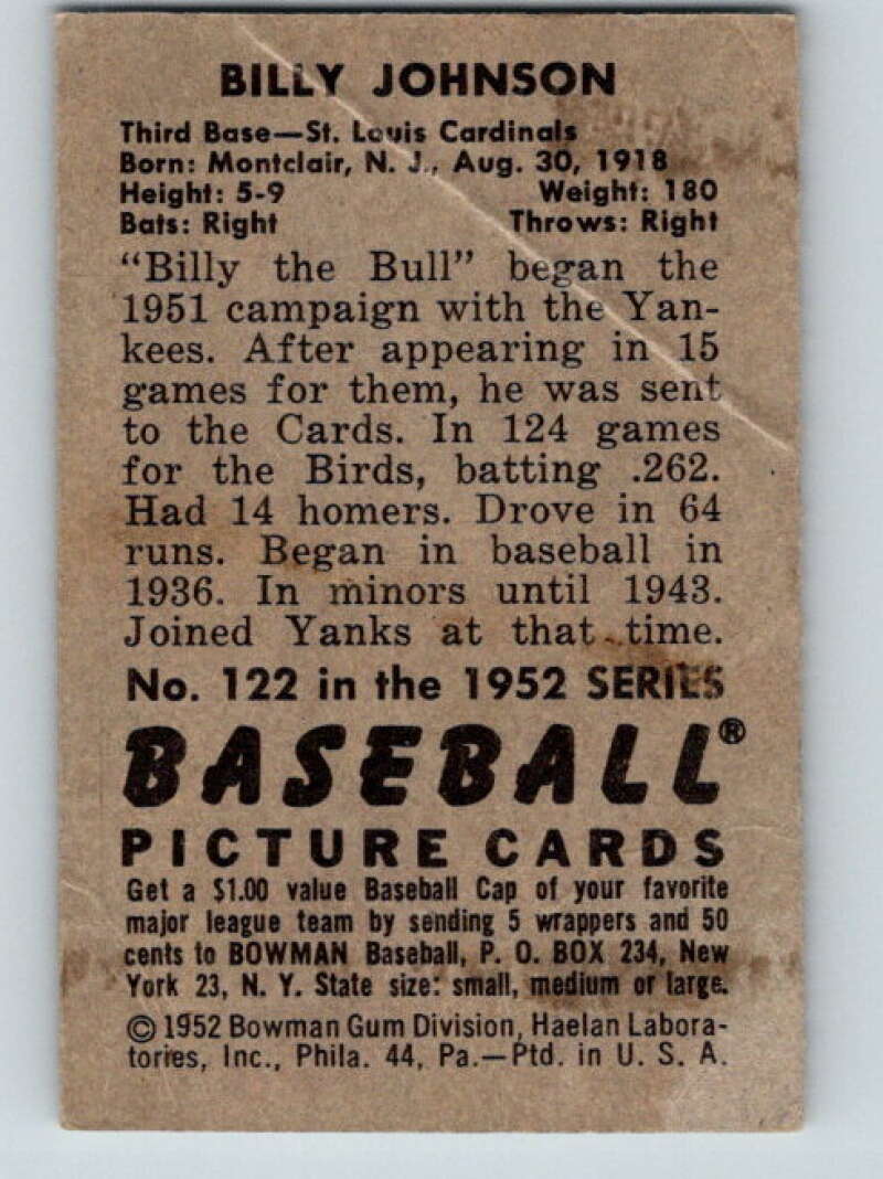 1952 Bowman #122 Billy Johnson St. Louis Cardinals V32311
