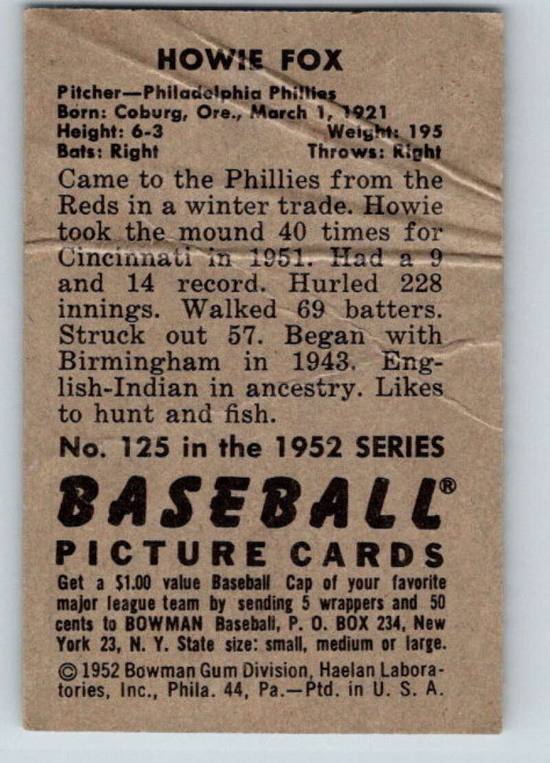 1952 Bowman #125 Howie Fox Philadelphia Phillies V32312