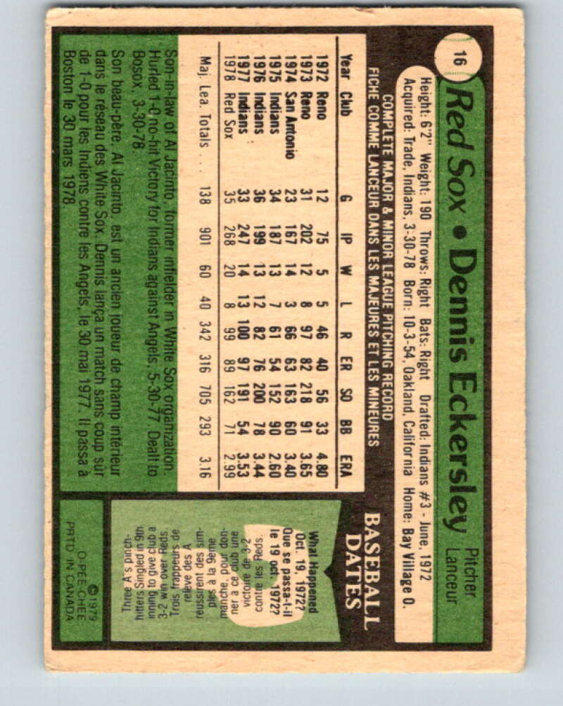 1979 O-Pee-Chee #16 Dennis Eckersley Boston Red Sox V32316
