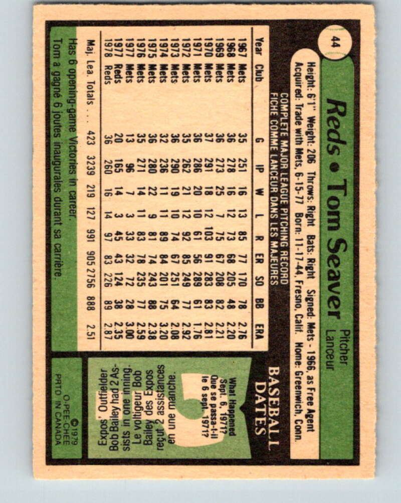 1979 O-Pee-Chee #44 Tom Seaver DP Cincinnati Reds V32318