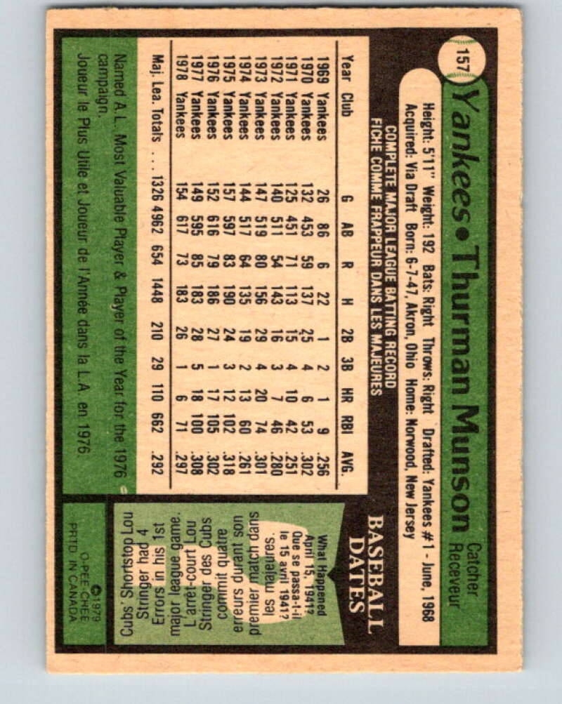 1979 O-Pee-Chee #157 Thurman Munson New York Yankees V32325